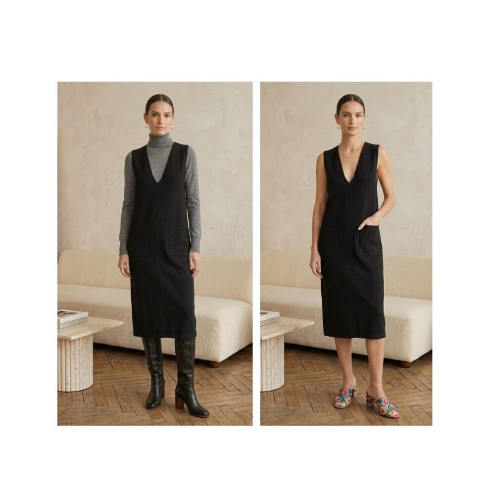 Vintage Andrea Jovine Wool Tank Dress Black S Pinafore Bib Preppy Minimalist